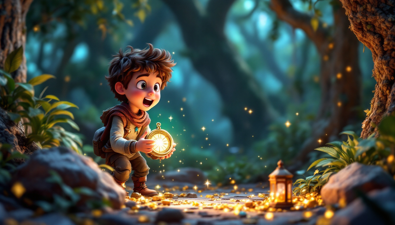 A brave boy named Tom discovering a magical compass in a lush, mysterious forest. He is excited and holding the compass while surrounded by sparkling treasures. The scene conveys a sense of adventure and wonder, suitable for a children's adventure story.