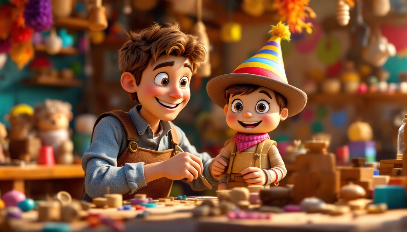 A cheerful young carpenter named Sebastian Schnitzel working in his colorful workshop, surrounded by magical wooden pieces. He is creating a joyful wooden figure called Bobby the Wanderer, who has big shining eyes and a colorful hat. The scene captures the excitement and creativity in a warm and inviting atmosphere.